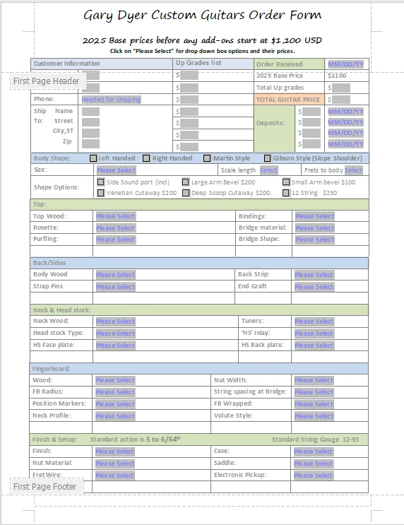 GDG Custom Guitar Order Form